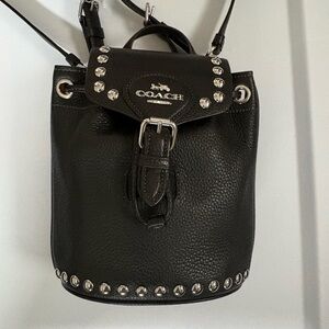 Coach Black Pebbles Leather Studded Drawstring Backpack with Silver Accents